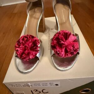 Anthropologie Silver Heels with Rafia Pink Pom Pom